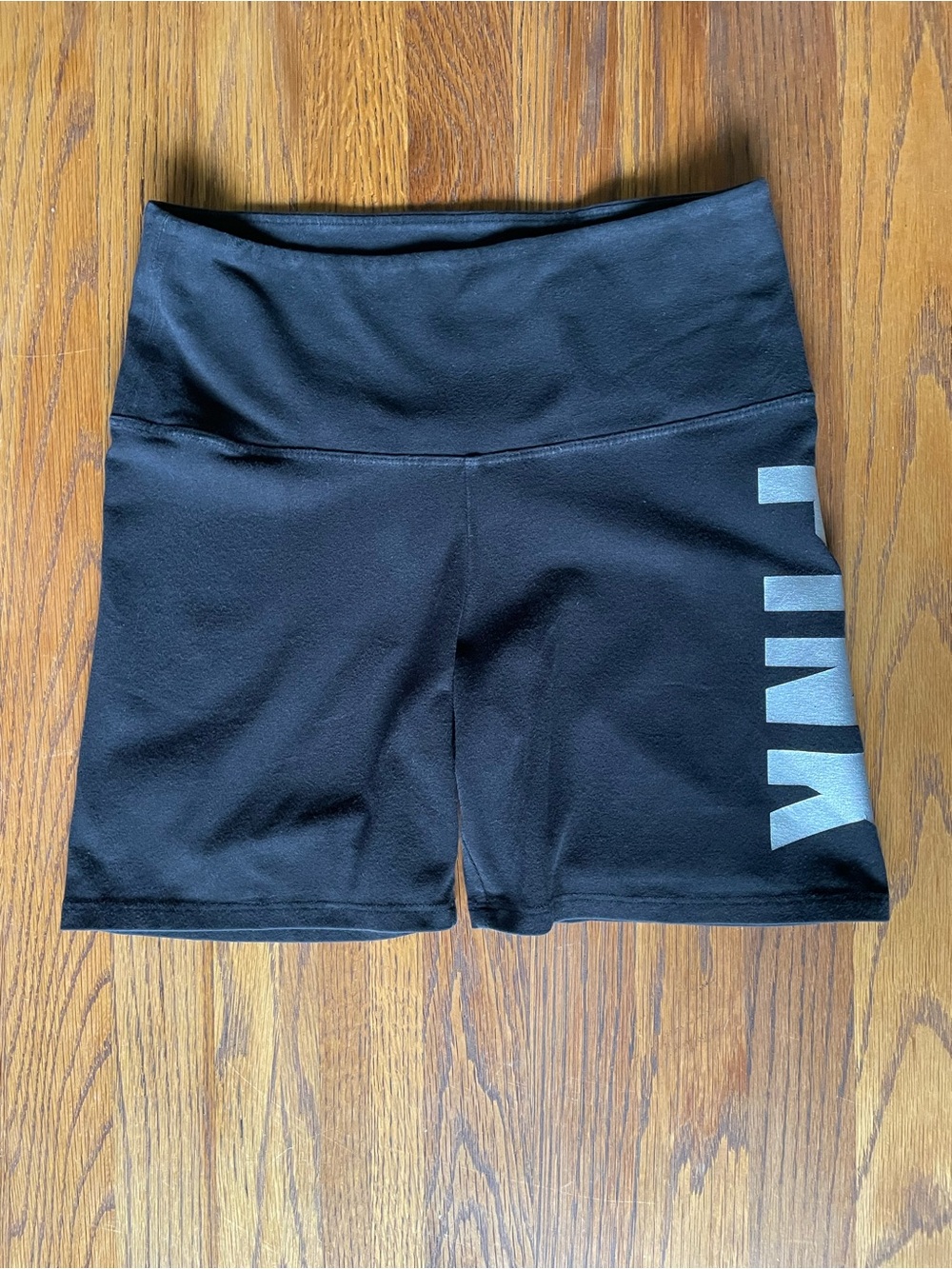 Victoria’s Secret Pink Black High-Rise Bike Shorts with Silver Metallic Logo
